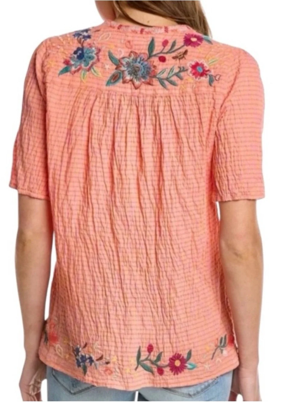 Johnny Was Olinda Puff Sleeve Embroidered Floral V-Neck Top Blouse